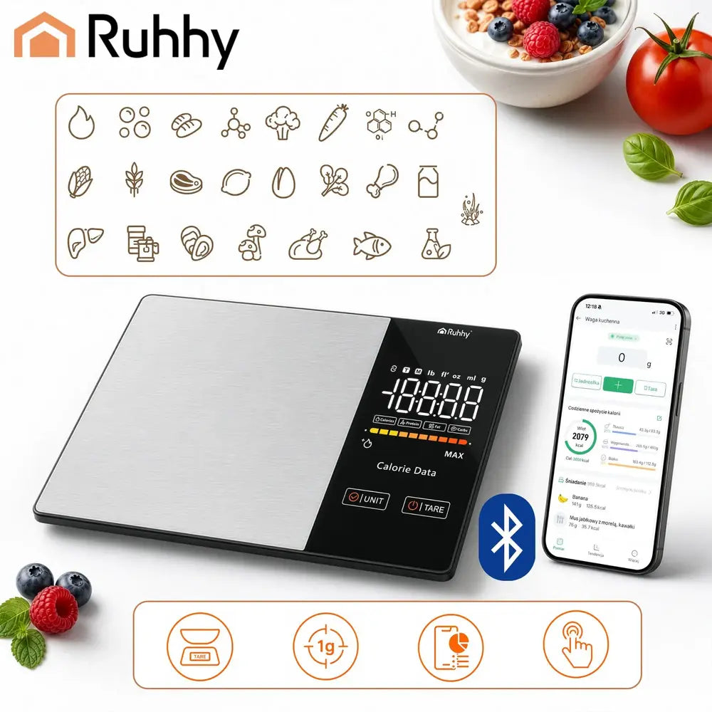 Cantar smart de bucatarie, Bluetooth, 5 kg, precizie 1 g, aplicatie Fitdays+, Analiza calorii si macronutrienti, Inox
