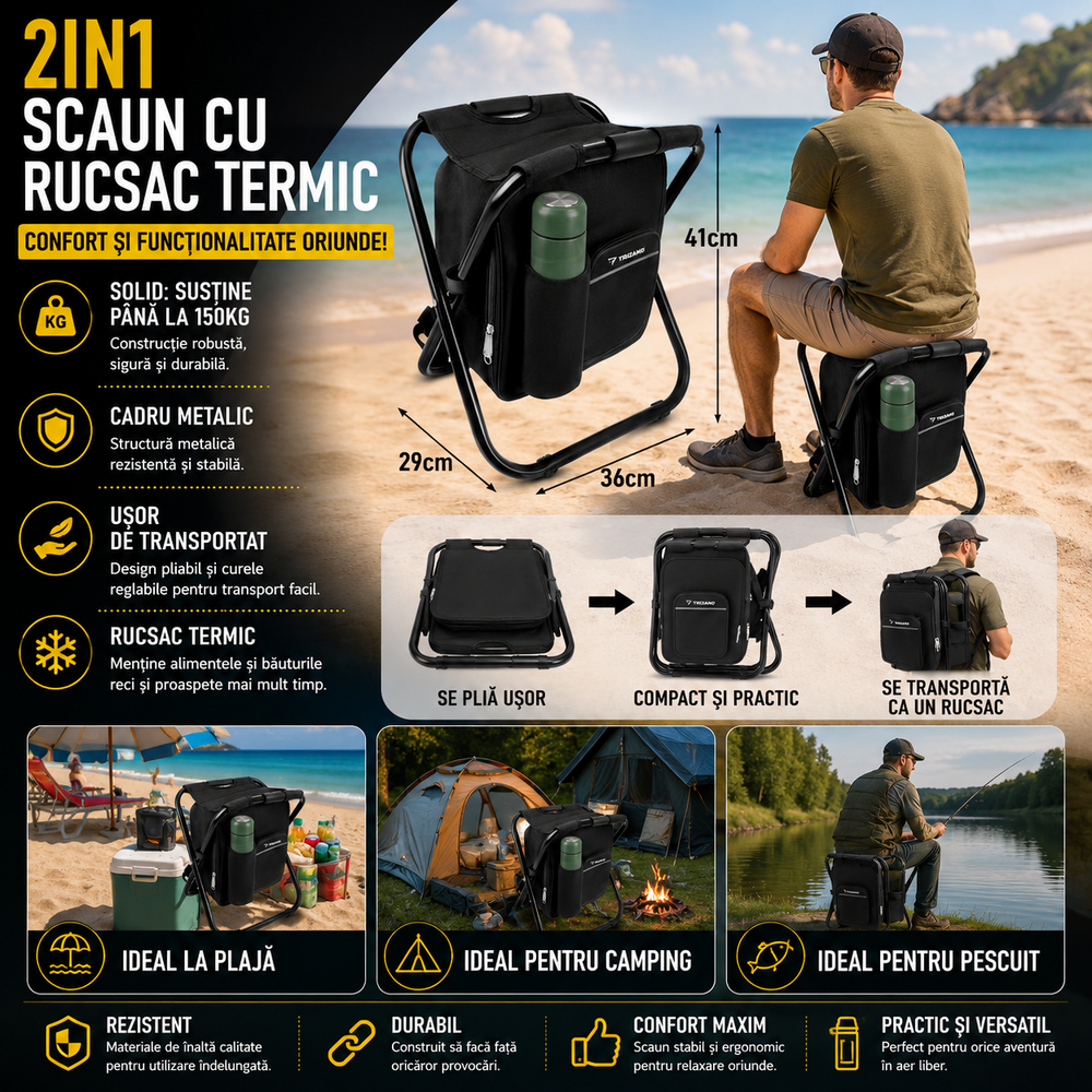 Scaun De Pescuit 3in1 Cu Rucsac Termoizolant, Max 150KG, Confortabil Si Rezistent