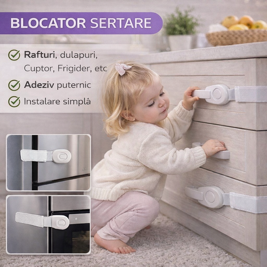 OFERTA 5+5 GRATIS Siguranta usi copii, Blocator Sertare, Usa Cuptor, Frigider, Congelator, Dulap, Deschidere Accidentala, Adeziv Puternic, Fara Urme Dupa Indepartare, Alb