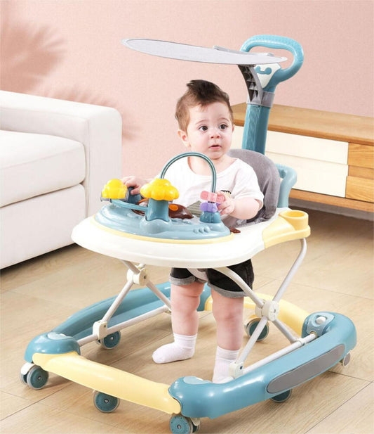 Premergator copii 6in1, Pliabil, Reglabil, Convertibil, Antepremergator, Tavita mancare, Copertina, Muzica, 5 trepte viteza, Jocuri, Sistem Franare, Albastru