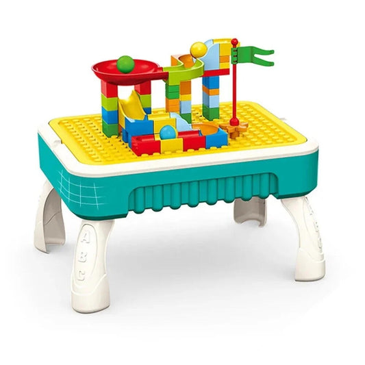 Masuta de joaca pentru copii, Multifunctionala 2 in 1, Tabla de Colorat, 5 Markere, Burete, 58 Cuburi Incluse, Bleu