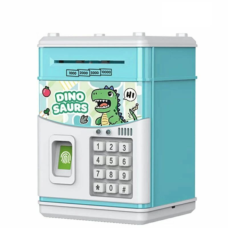 Pusculita pentru copii tip seif, Cod pin si amprenta, Muzica, Rulare automata a banilor, Dinosaurs, Bleu