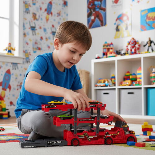 Set de joaca, Camion cu Masinute, Mega transportator de 6 masini, Echipament cu 3 platforme, 30x11.5x7 cm