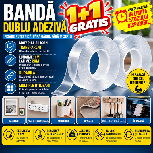 1+1 GRATIS Banda dublu adeziva silicon, 20 mm x 1 m, SMART Nano Magic Tape