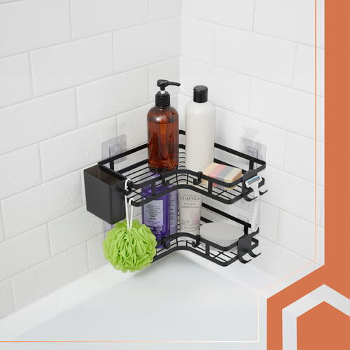 OFERTA 1+1 GRATIS Set Raft de Dus cu Etajere Colt pentru Baie, din Otel Inoxidabil, Organizator Baie cu Montare Usoara fara Gaurire, Design Modern, Negru