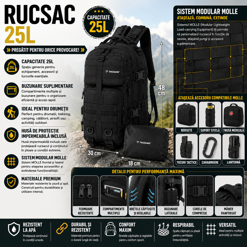 Rucsac De Drumetie 25L, Sistem MOLLE, Husa Impermeabila Inclusa
