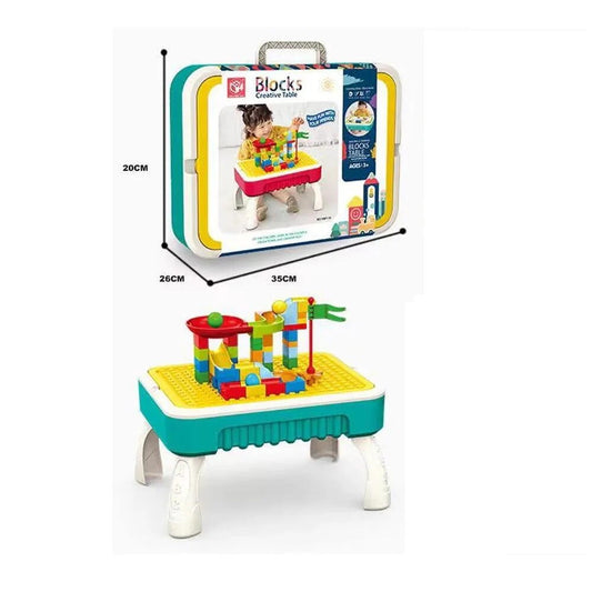 Masuta de joaca pentru copii, Multifunctionala 2 in 1, Tabla de Colorat, 5 Markere, Burete, 58 Cuburi Incluse, Bleu