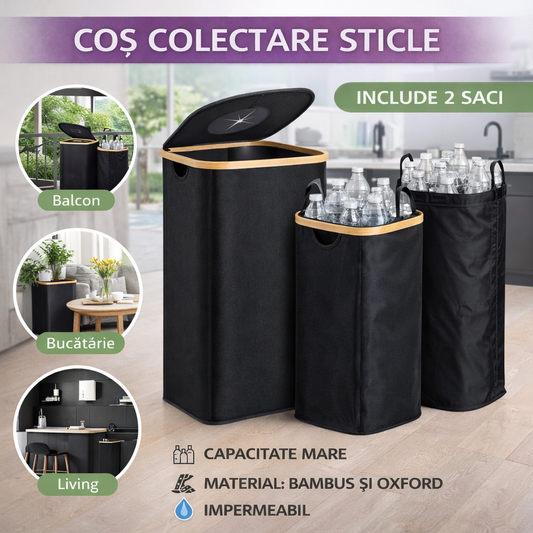 Cos pentru colectarea sticlelor, cu 2 Saci, Bambus si Textil, Impermeabil