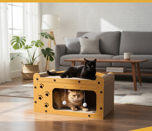 Zgarietor pentru pisic, Tip pat, 2 niveluri, din lemn, cu jucarie suspendata, spatiu mare