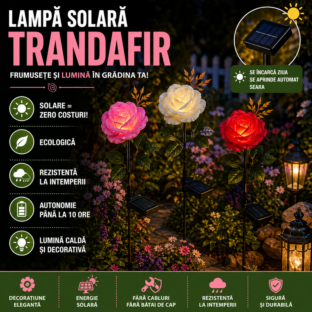 Lampă solară de exterior tip 3 trandafiri, ideală pentru curte