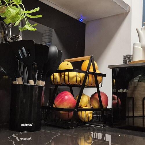 Cos pentru Fructe, cu doua etajere, servire, decor, din metal, maner din lemn, rezistenta ridicata, universal, aerisire ridicata