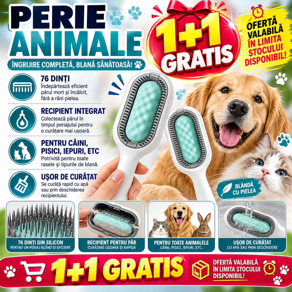 1+1 GRATIS Perie pentru ingrijirea animalelor de companie, indepartarea parului cazut, cu baza de autocuratare, piepteni tari si rola lipicioasa pentru scame, Verde