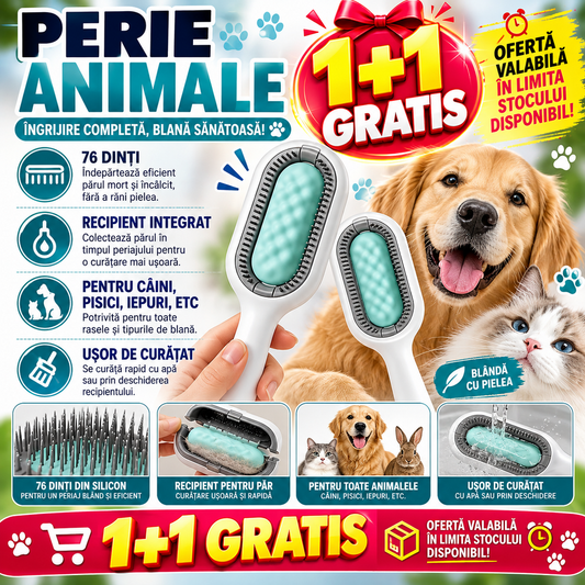 1+1 GRATIS Perie pentru ingrijirea animalelor de companie, indepartarea parului cazut, cu baza de autocuratare, piepteni tari si rola lipicioasa pentru scame, Verde