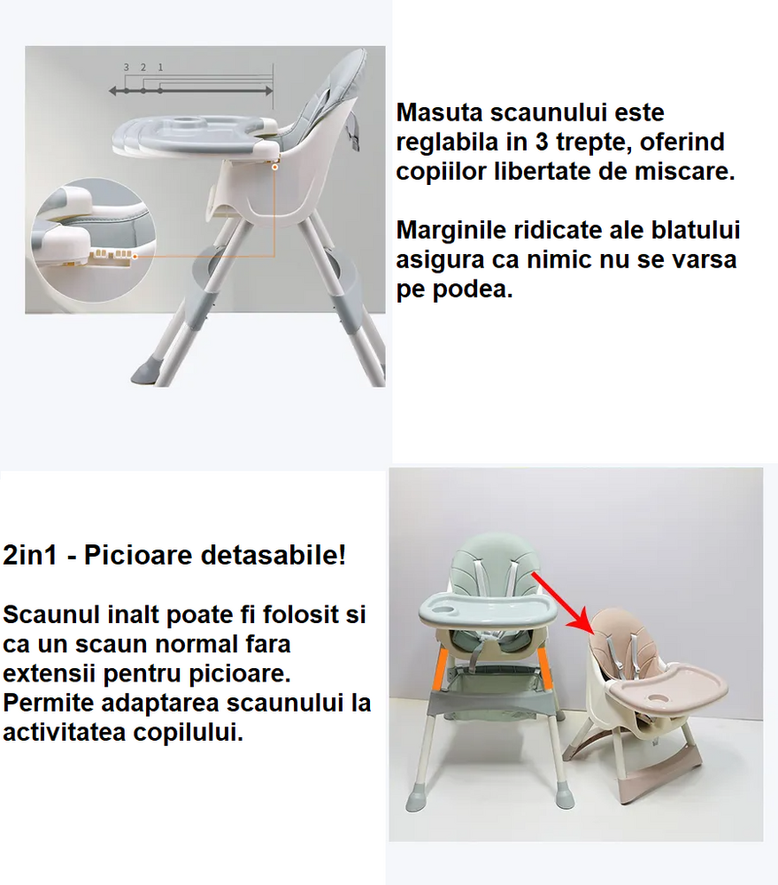 Scaun de Masa pentru Bebelusi si Copii, Varsta 6-72 luni, Inaltime Ajustabila, Centura de Siguranta in 5 Puncte, Tavita Reglabila si Detasabila, Roti Detasabile, Bleu