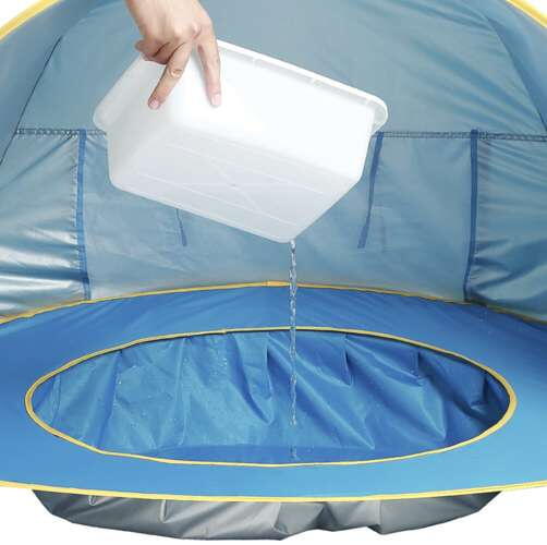 Cort plaja pentru copii cu bazin integrat, POP UP, protectie UV si vant, albastru-galben, 65x115x80cm
