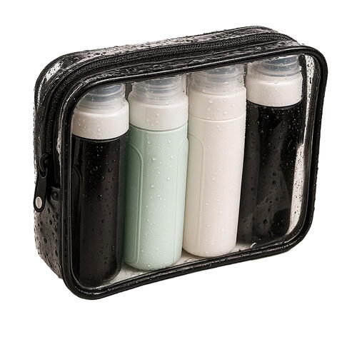 Set 4 recipiente de calatorie, Capacitate 90 ml, Inchidere etansa, Autocolante incluse, Geanta depozitare, PVC/silicon