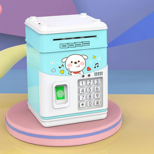 Pusculita pentru copii tip seif, Cod pin si amprenta, Muzica, Rulare automata a banilor, Bleu
