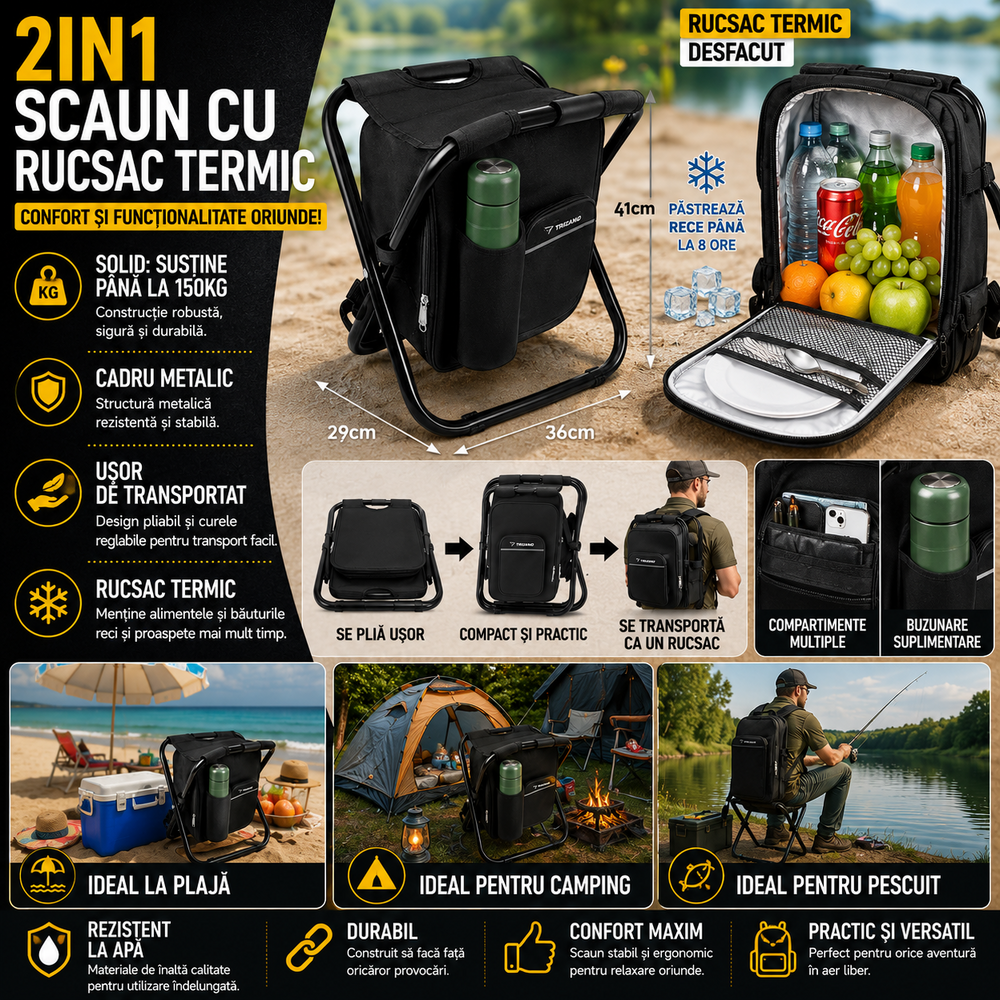 Scaun De Pescuit 3in1 Cu Rucsac Termoizolant, Max 150KG, Confortabil Si Rezistent