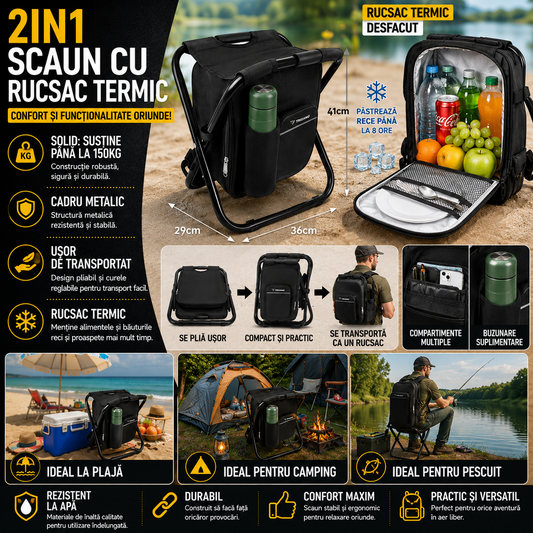 Scaun De Pescuit 3in1 Cu Rucsac Termoizolant, Max 150KG, Confortabil Si Rezistent