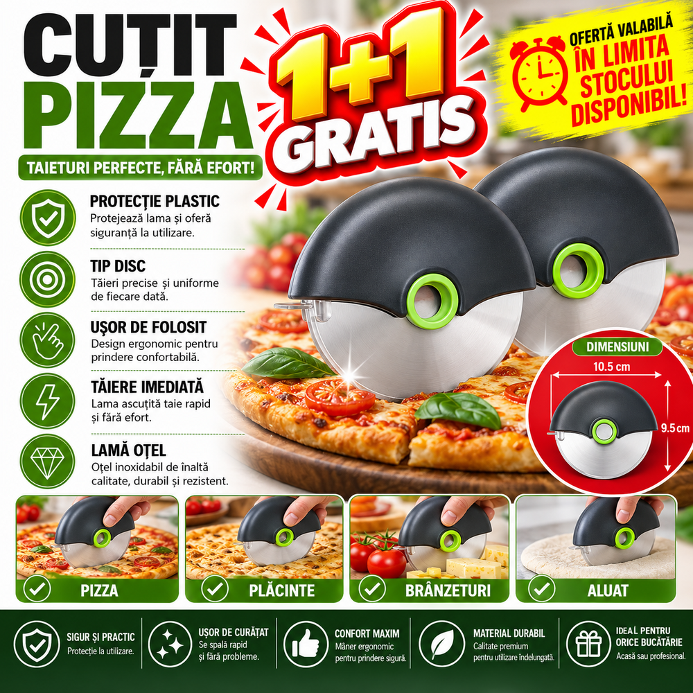 1+1 GRATIS Cutit pentru taiat pizza, tip disc, cu protectie