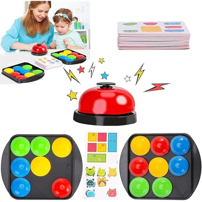 Joc de inteligenta Quick Pucks, 16 discuri, 40 cartonase cu imagini, clopot, 5.2 x 3.2 x 1.5 cm