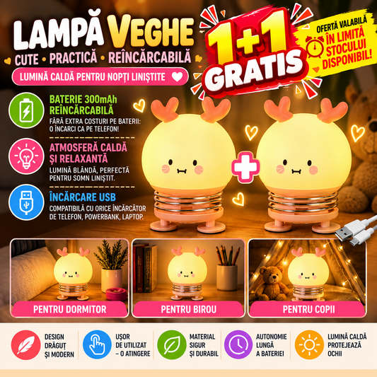 1+1 GRATIS Lampa de noapte, de veghe, pentru copii sau bebelusi, Portabila, Baterie Reincarcabila  300mAh, Rose