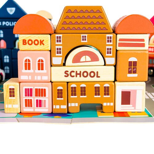 Set de 115 cuburi de construit din lemn pentru copii, "Orasul meu", educational si creativ cu diferite ilustratii vesele