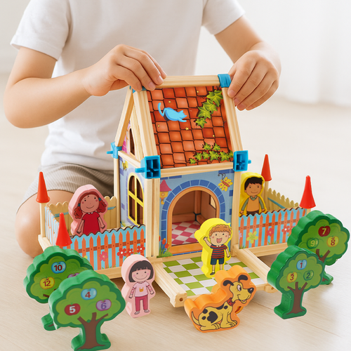 Set constructie din lemn cu 268 piese pentru copii, Micul Arhitect, Educativ si interactiv