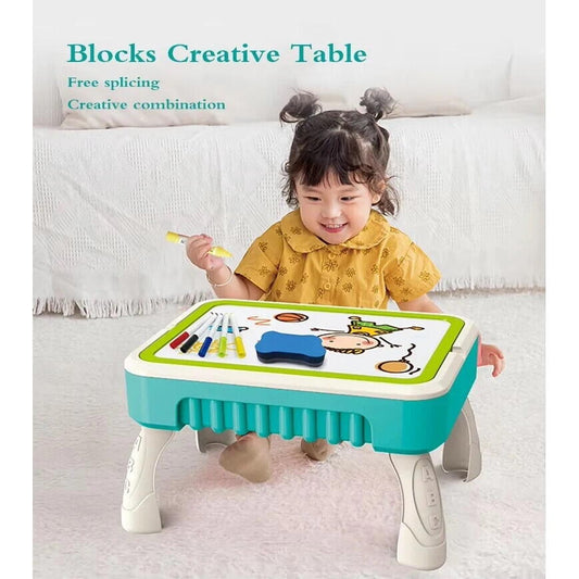 Masuta de joaca pentru copii, Multifunctionala 2 in 1, Tabla de Colorat, 5 Markere, Burete, 58 Cuburi Incluse, Bleu