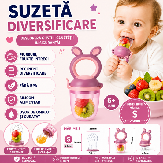 Suzeta pentru diversificarea hranei, pentru fructe si legume, silicon moale, Mov