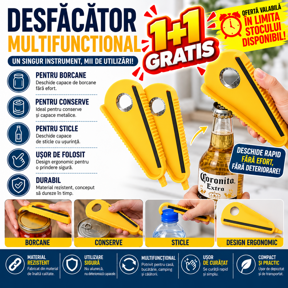 1+1 GRATIS Desfacator multifunctional pentru conserve/sticle/borcane, ABS/Cauciuc, Galben
