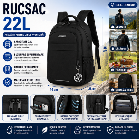 Rucsac 22L, Multiple compartimente, Rezistent, Confortabil, Pentru Birou Sau Calatorii