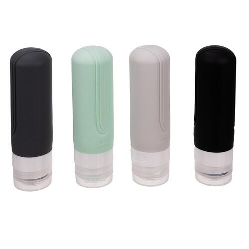Set 4 recipiente de calatorie, Capacitate 90 ml, Inchidere etansa, Autocolante incluse, Geanta depozitare, PVC/silicon
