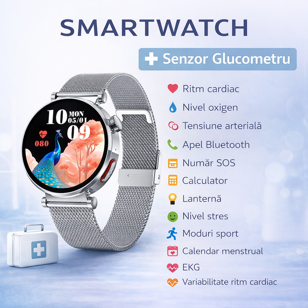 SmartWatch cu Senzor Glucometru, BIA, Ritm Cardiac, Nivel Oxigen, Tensiune Arteriala, EKG, Temperatura Corporala, Apel Bluetooth, SOS, Calculator, Ciclu Menstrual S880