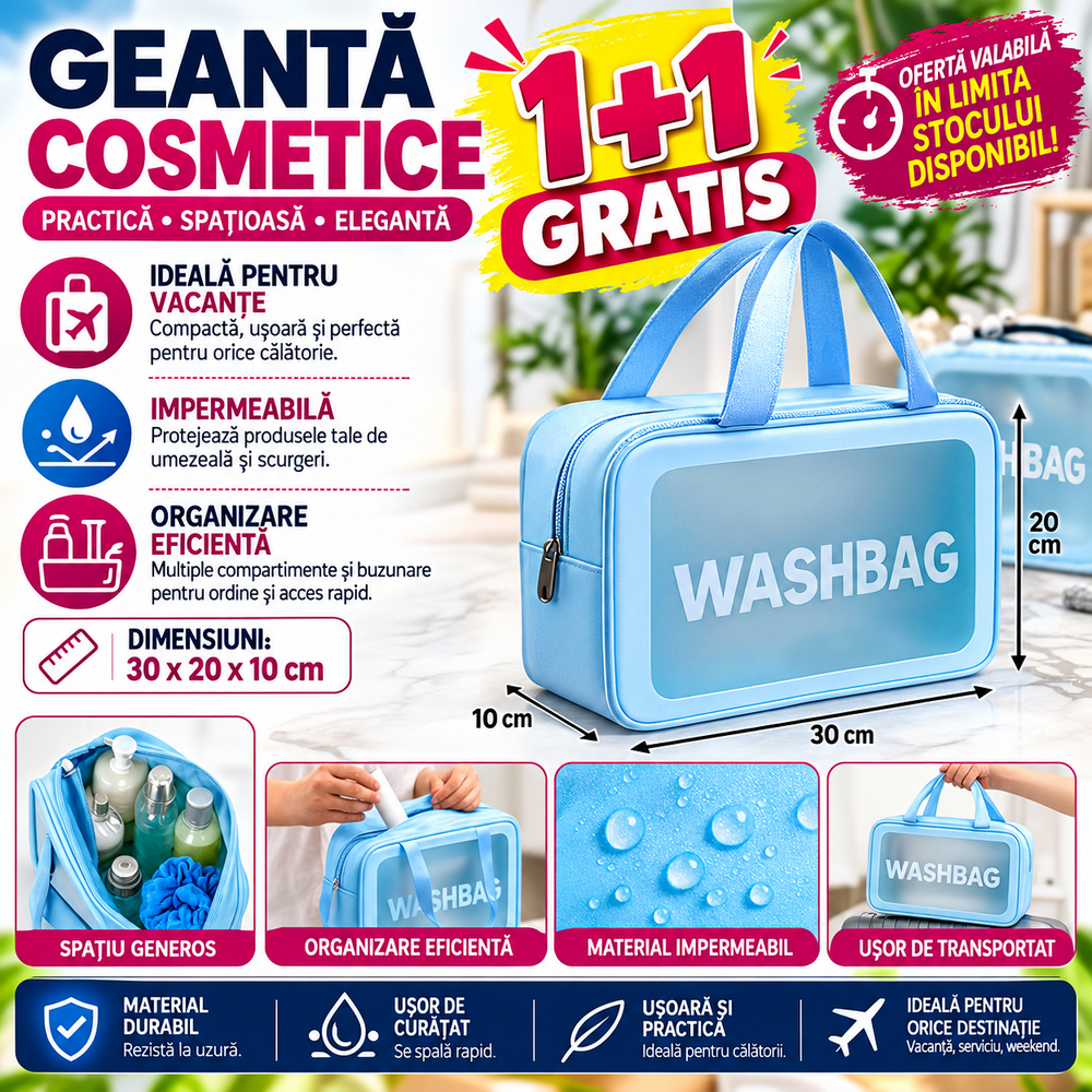 1+1 GRATIS Geanta cosmetice si lichide pentru voiaj, impermeabila 30x20x10 cm