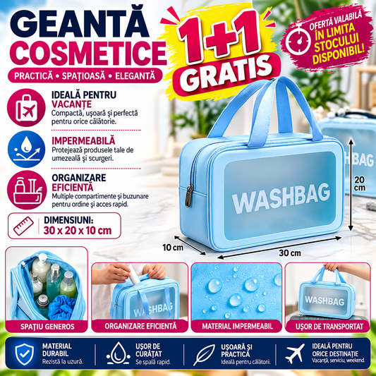 1+1 GRATIS Geanta cosmetice si lichide pentru voiaj, impermeabila 30x20x10 cm