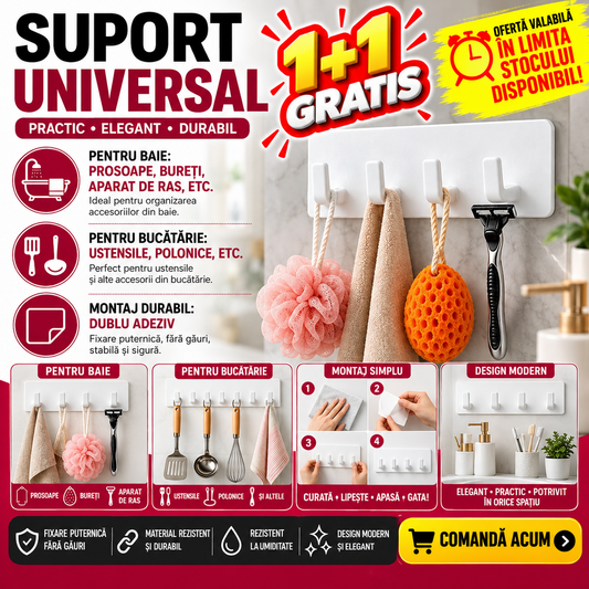 1+1 GRATIS Suport pentru baie, multifunctional, prindere cu banda dublu adeziv, Alb