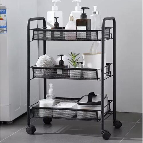 Raft mobil pentru bucatarie sau baie, Organizator, Metalic, 3 rafturi, 2 roti cu blocare, 65 x 25 x 44 x cm, Negru