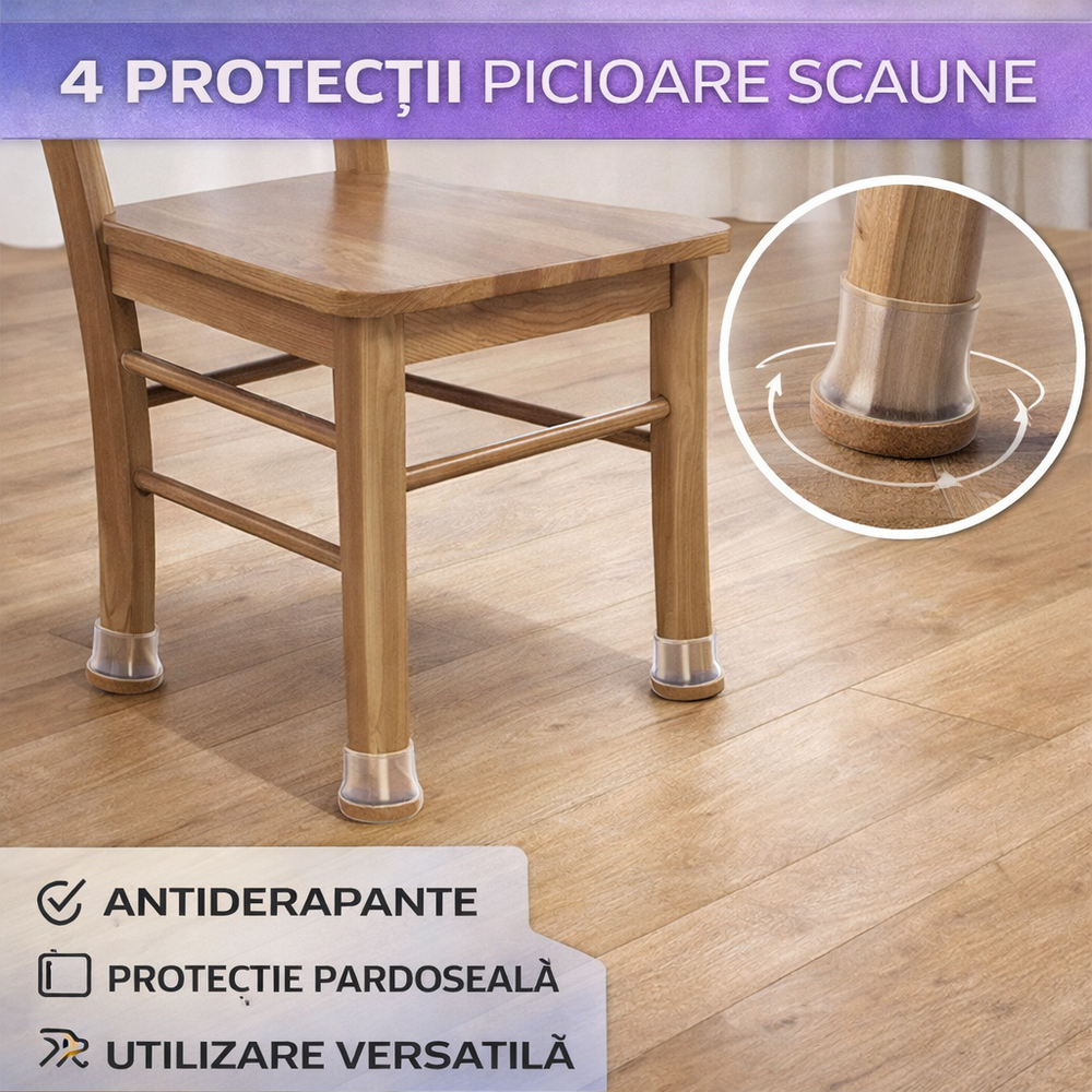Set 4 protectii picioare mobilier, Anti-derapante, Silicon, Transparente, Rotunde