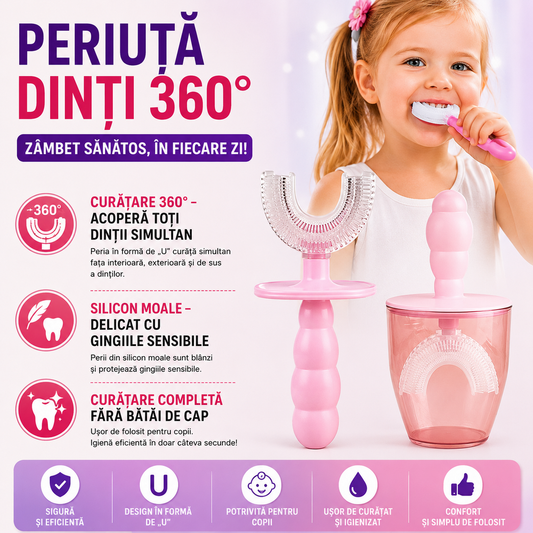 Periuta de dinti pentru copii, 6-12 ani, cu capac protectie, in forma de U, din silicon, periaj si curatare gingii 360, Roz