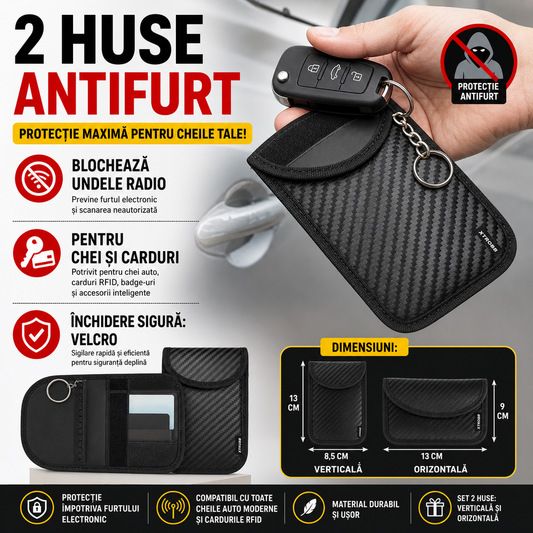 Set 2 husa protectie antifurt pentru chei si carduri, Cu carabiniera, Inchidere velcro, Neagra, Blocarea undelor radio 10 - 30 kHz, 9 x 13/ 8.5 x 13 cm