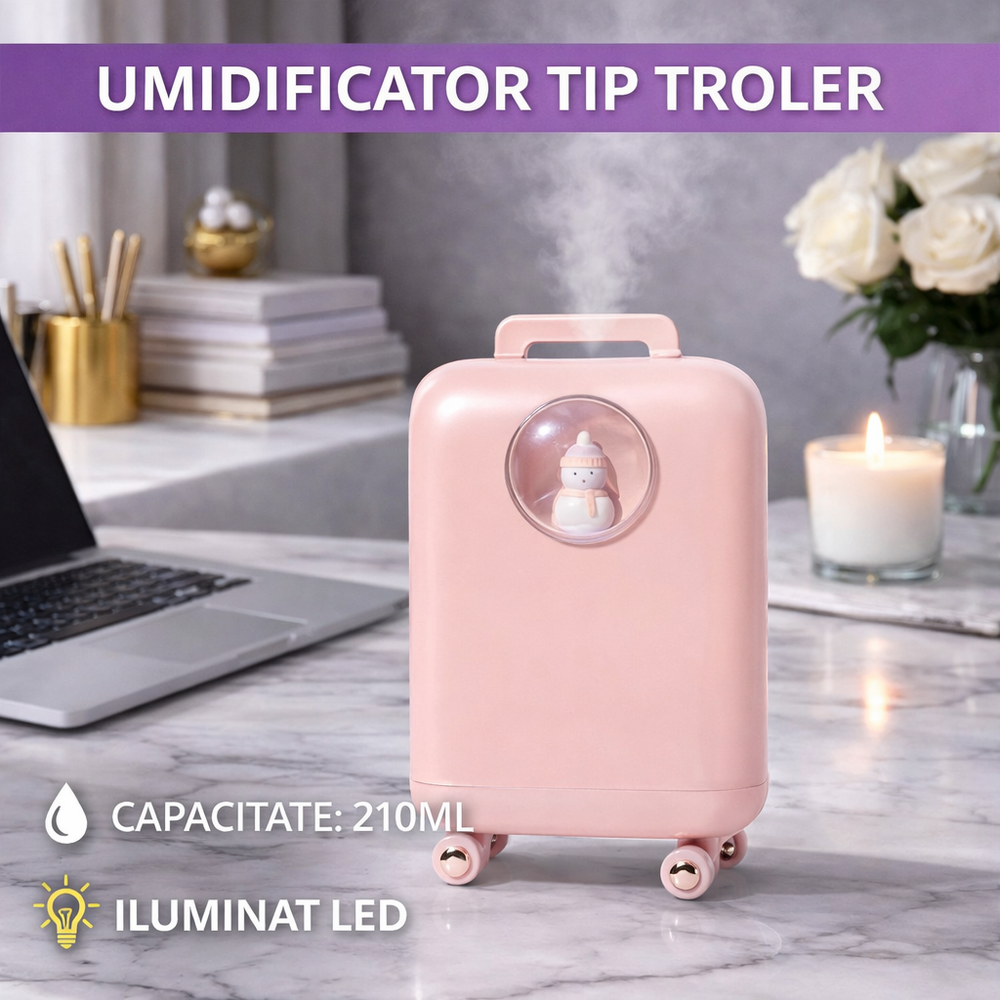 1+1 GRATIS Umidificator de aer cu ultrasunete, 210ML, cu iluminat LED, pentru casa si birou, Rose
