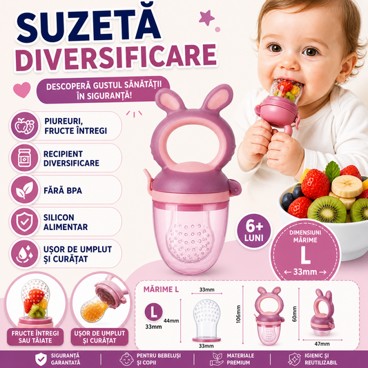 Suzeta pentru diversificarea hranei, pentru fructe si legume, silicon moale, Mov, Marimea L
