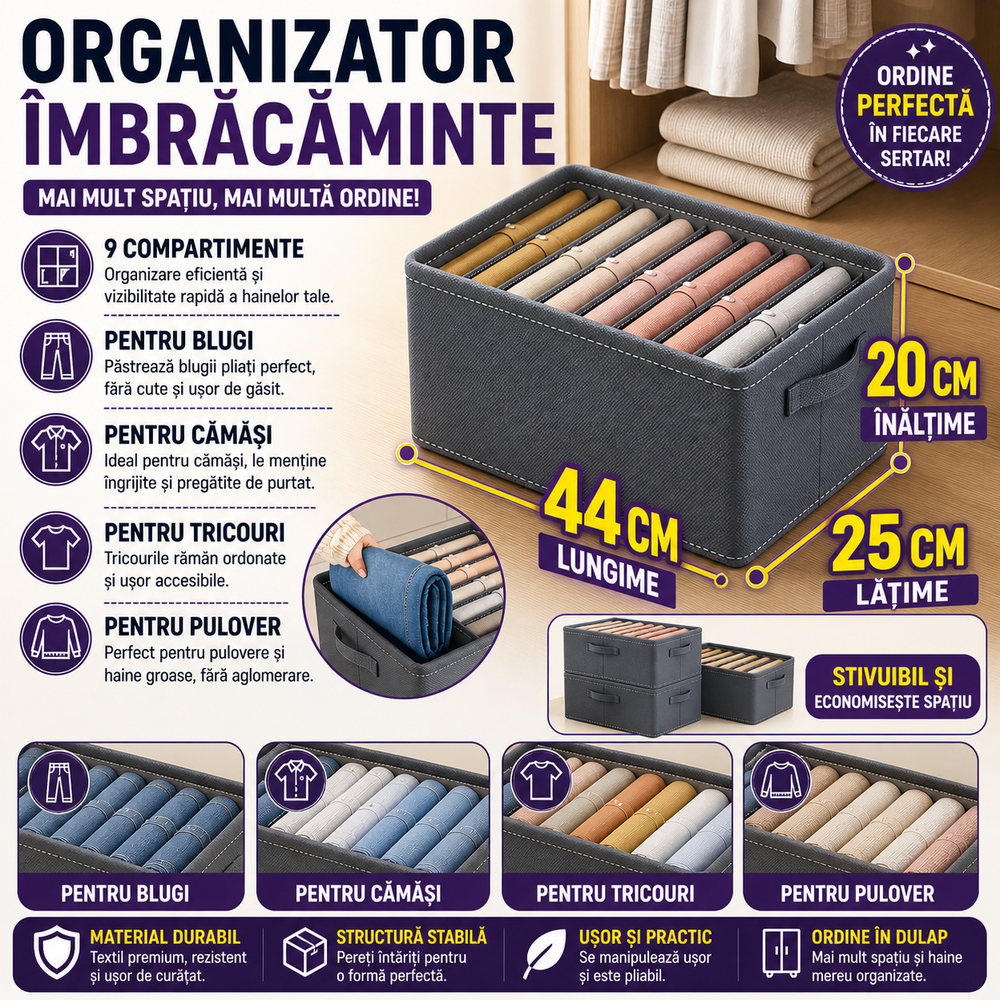 Organizator imbracaminte cu 9 compartimente pentru blugi, pulovere, camasi, 44x25x20 Gri