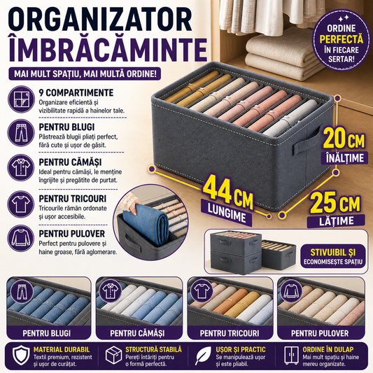 Organizator imbracaminte cu 9 compartimente pentru blugi, pulovere, camasi, 44x25x20 Gri