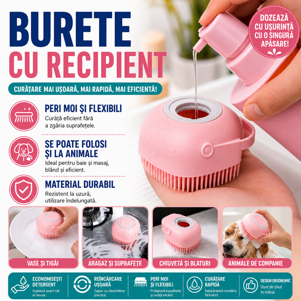 Burete de baie din silicon cu dozator, Mini Soft Brush, reutilizabilla, pentru adulti, copii, animale de companie, Roz