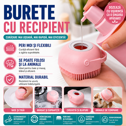 Burete de baie din silicon cu dozator, Mini Soft Brush, reutilizabilla, pentru adulti, copii, animale de companie, Roz