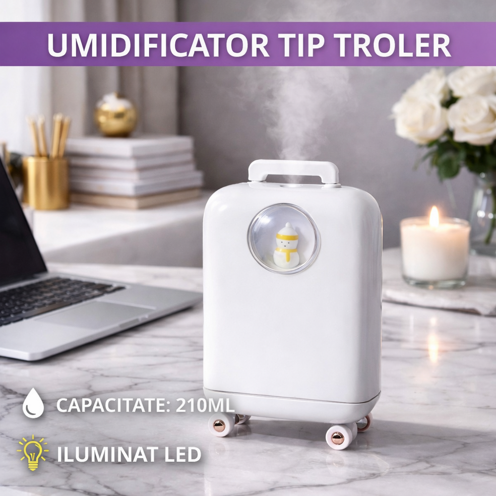 1+1 GRATIS Umidificator de aer cu ultrasunete, 210ML, cu iluminat LED, pentru casa si birou, Alb
