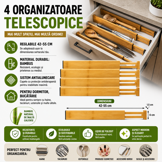 Set 4 organizatoare reglabile pentru sertar, Bambus, pentru baie/bucatarie/dormitor, sistem antialunecare, Natur