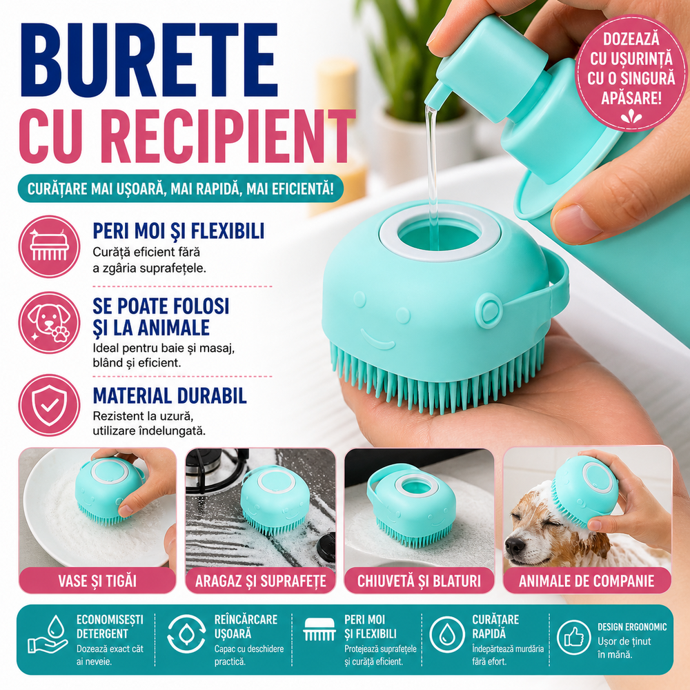 Burete de baie din silicon cu dozator, Mini Soft Brush, reutilizabilla, pentru adulti, copii, animale de companie, Turcoaz